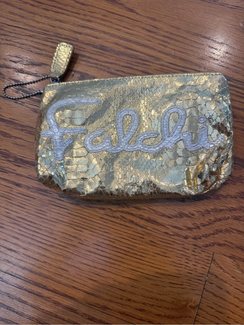 Carlos Falchi Metallic Gold Embroidered Zip Cosmetic Pouch